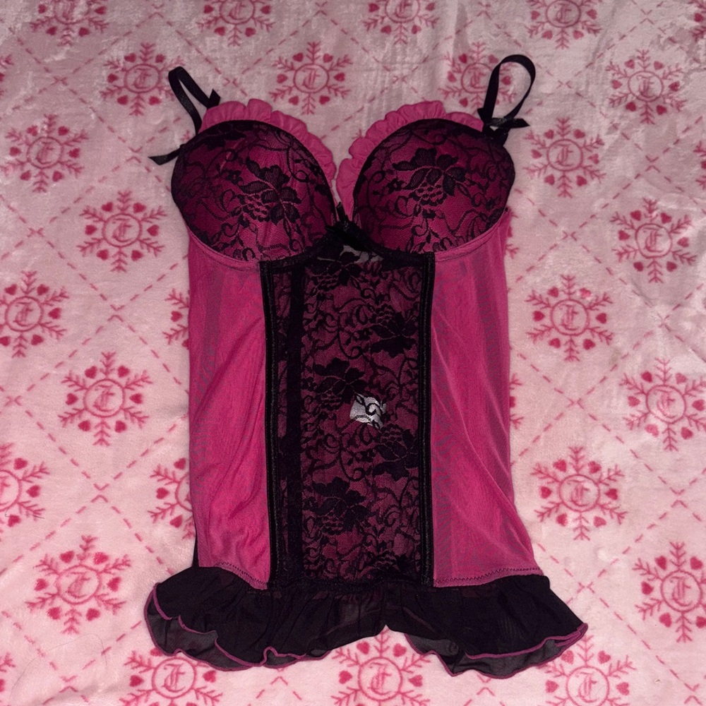 Elegant Lace Trim Pink and Black Chemise